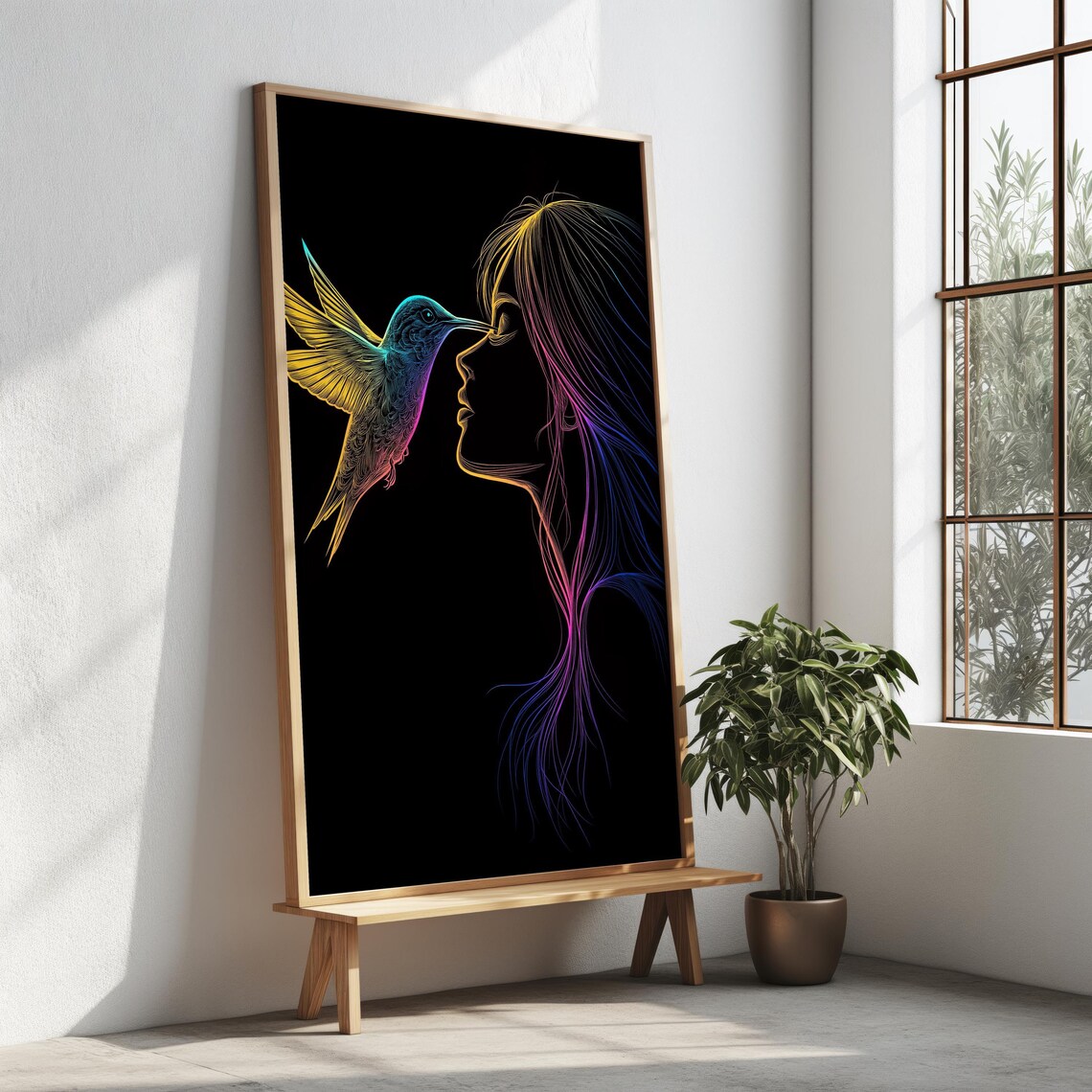 Neon Hummingbird Woman Silhouette Colorful Line Art Black Wall Art - Image 3