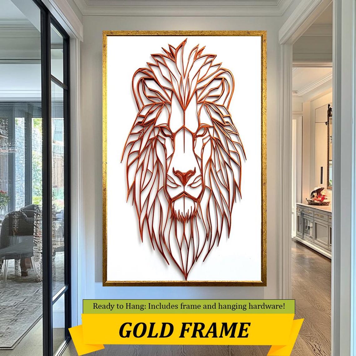 Copper Line Art Lion Head Geometric Modern Minimalist Animal Wall Art - Image 5