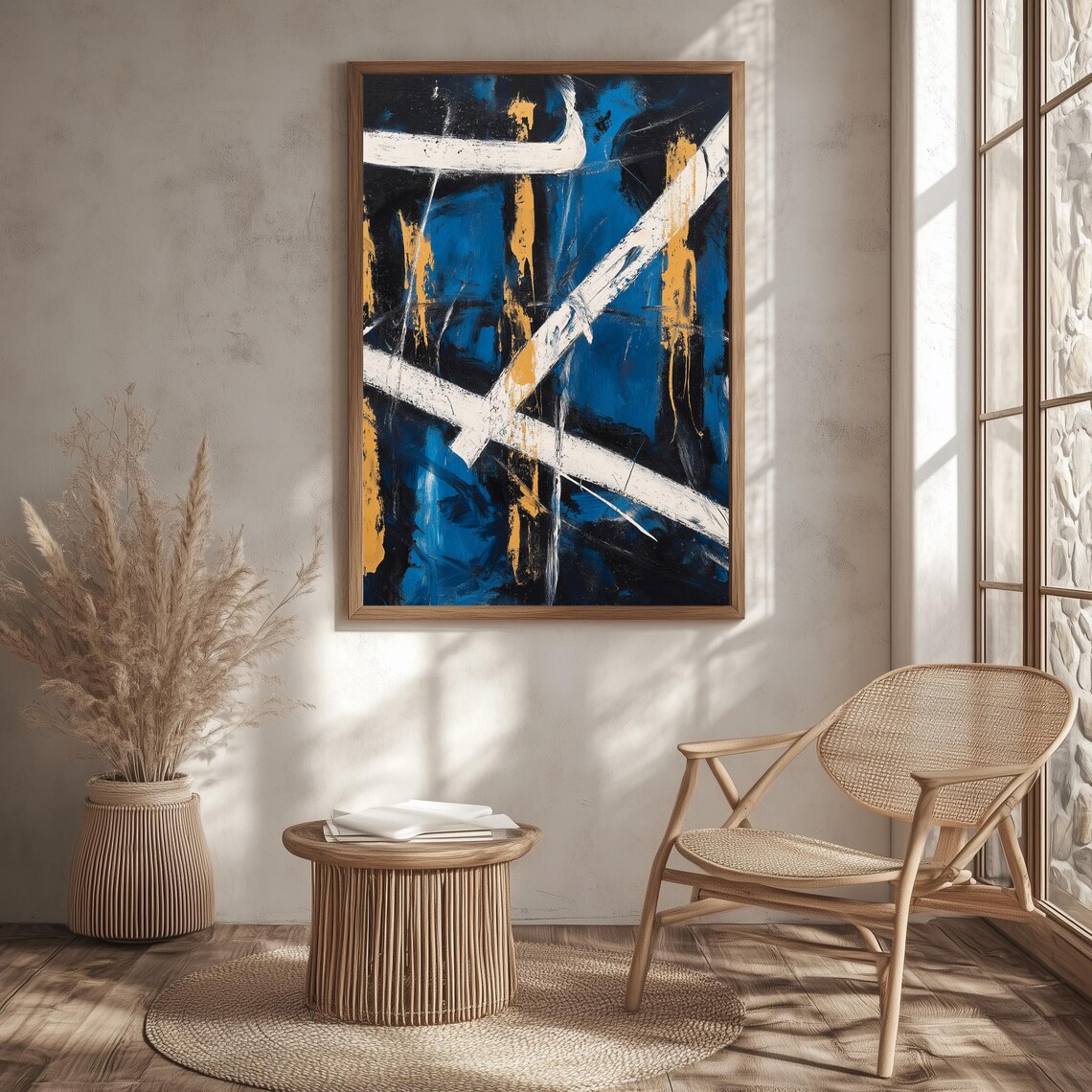 Abstract Geometric Art, Bold Blue White And Orange - Image 2