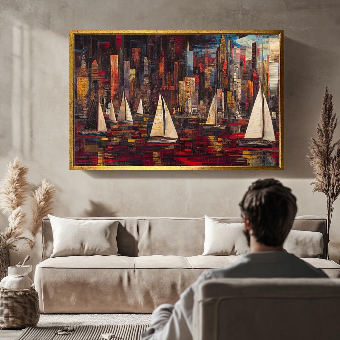 City Skyline Sailboats Harbor Red Abstract Urban Nautical Art Poster - Image 3