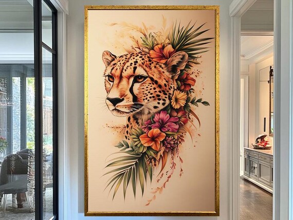 Elegant Cheetah Tropical Flowers Botanical Watercolor Wildlife Poster