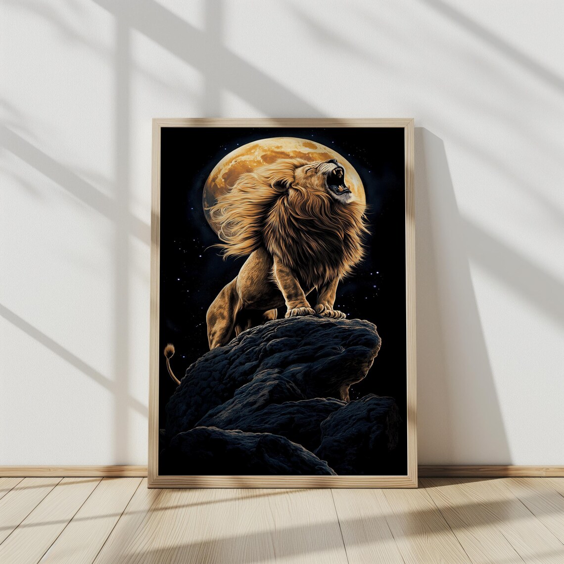 Roaring Lion On Rocky Summit Before Giant Golden Full Moon Poster - Image 4