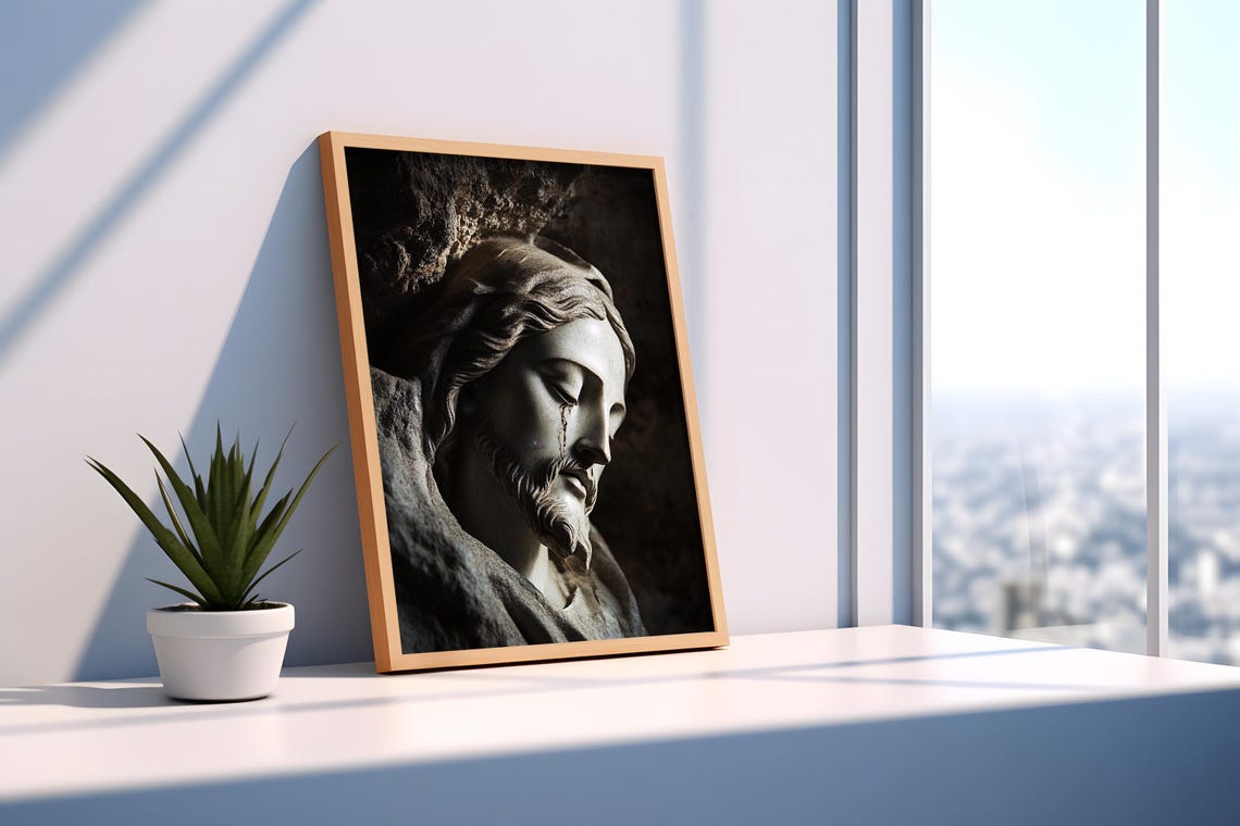 Jesus Christ Weathered Stone Sculpture Face Weeping Close Up Wall Art - Image 2