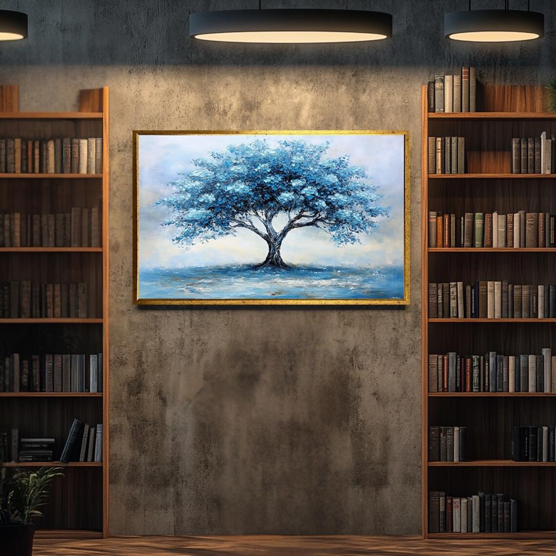 Elegant Blue Tree Art Textured Palette Knife Painting Modern Abstract Tree Wall Decor Serene Nature Artwork For Home - Image 2