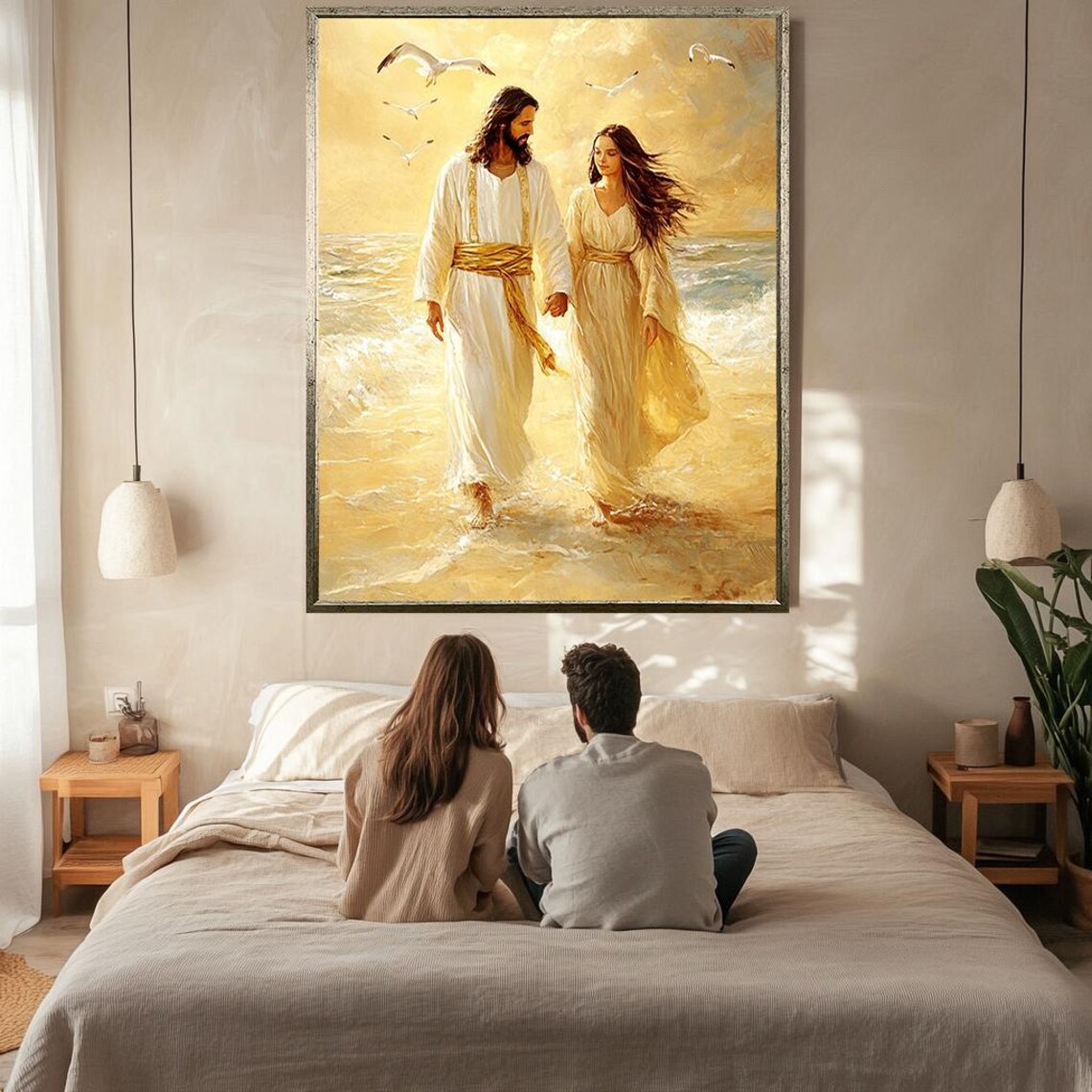 Jesus Walking With Woman On Golden Beach Ocean Waves Seagulls Poster - Image 2