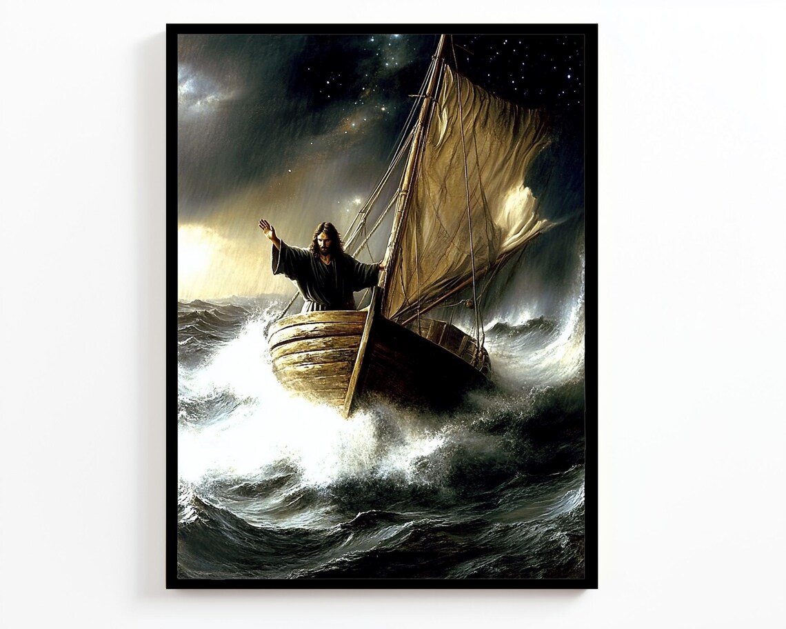 Jesus Calming The Storm In Wooden Sailboat Night Sea Christian Poster - Image 4