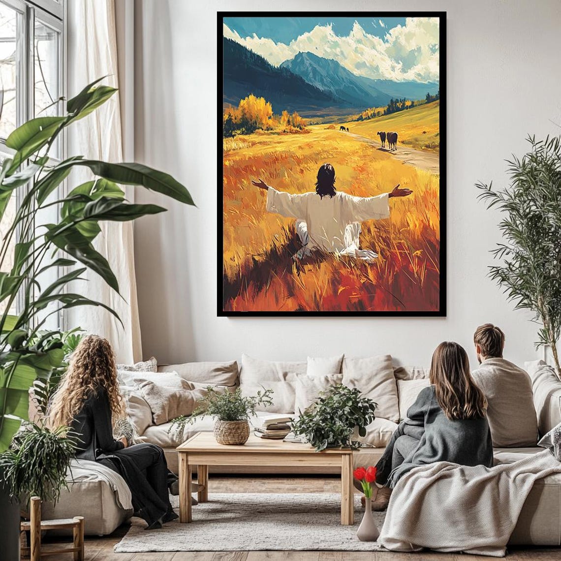 Jesus With Open Arms In Golden Wheat Field Mountain Landscape Poster - Image 3