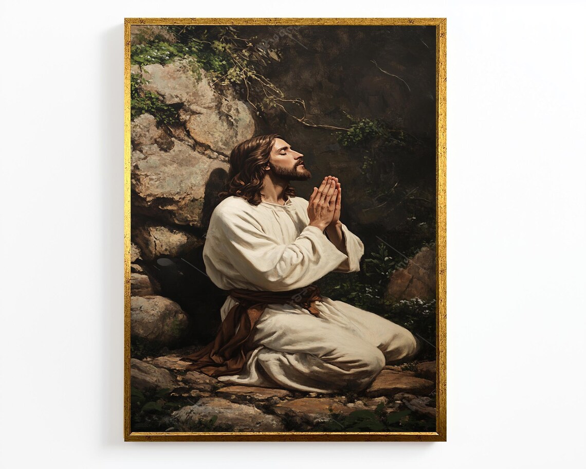 Jesus Praying In Gethsemane Garden Kneeling White Robe Faith Poster - Image 4