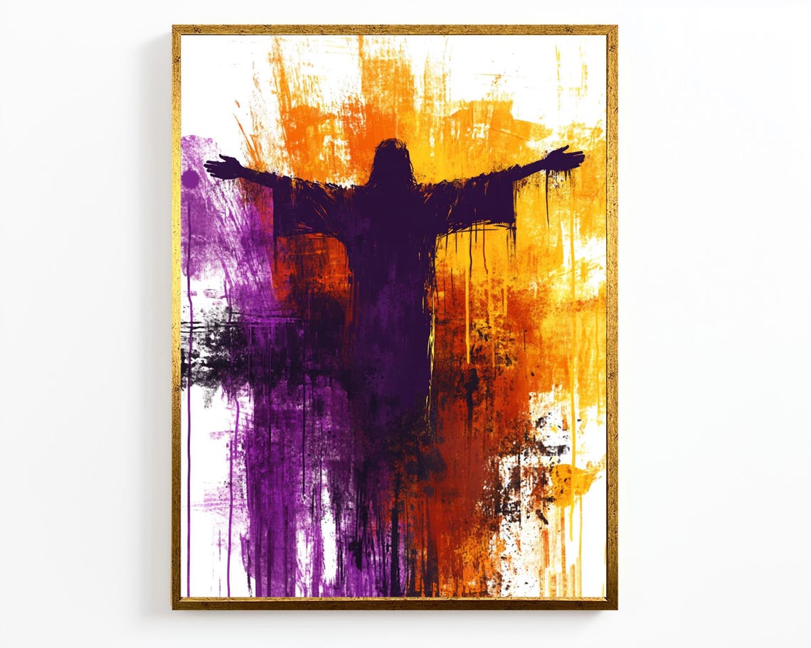 Jesus With Open Arms Orange Purple Abstract Dripping Paint Poster - Image 4
