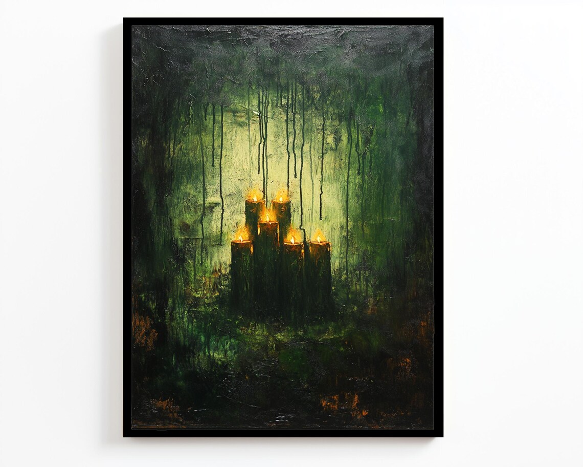 Mystical Candlelight Surreal Wall Art Dark Forest Surreal Painting Moody Green Wall Decor Abstract Artwork - Image 4