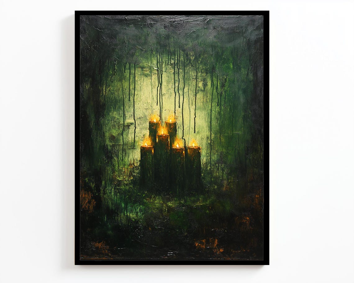 Mystical Candlelit Forest Dark Green Surreal Moody Light Wall Art - Image 4