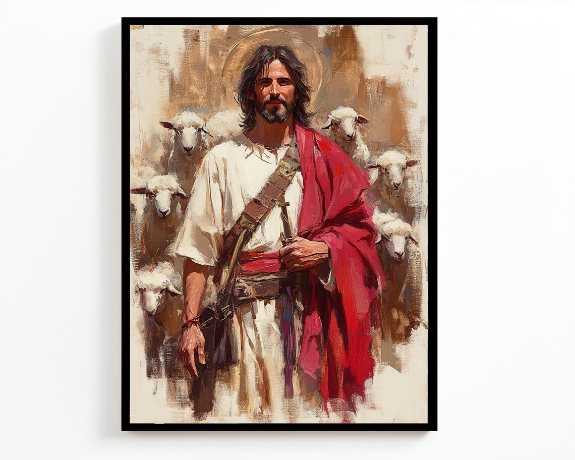 Jesus Christ Good Shepherd Flock Sheep Red Robe Faith Art Wall Poster - Image 4