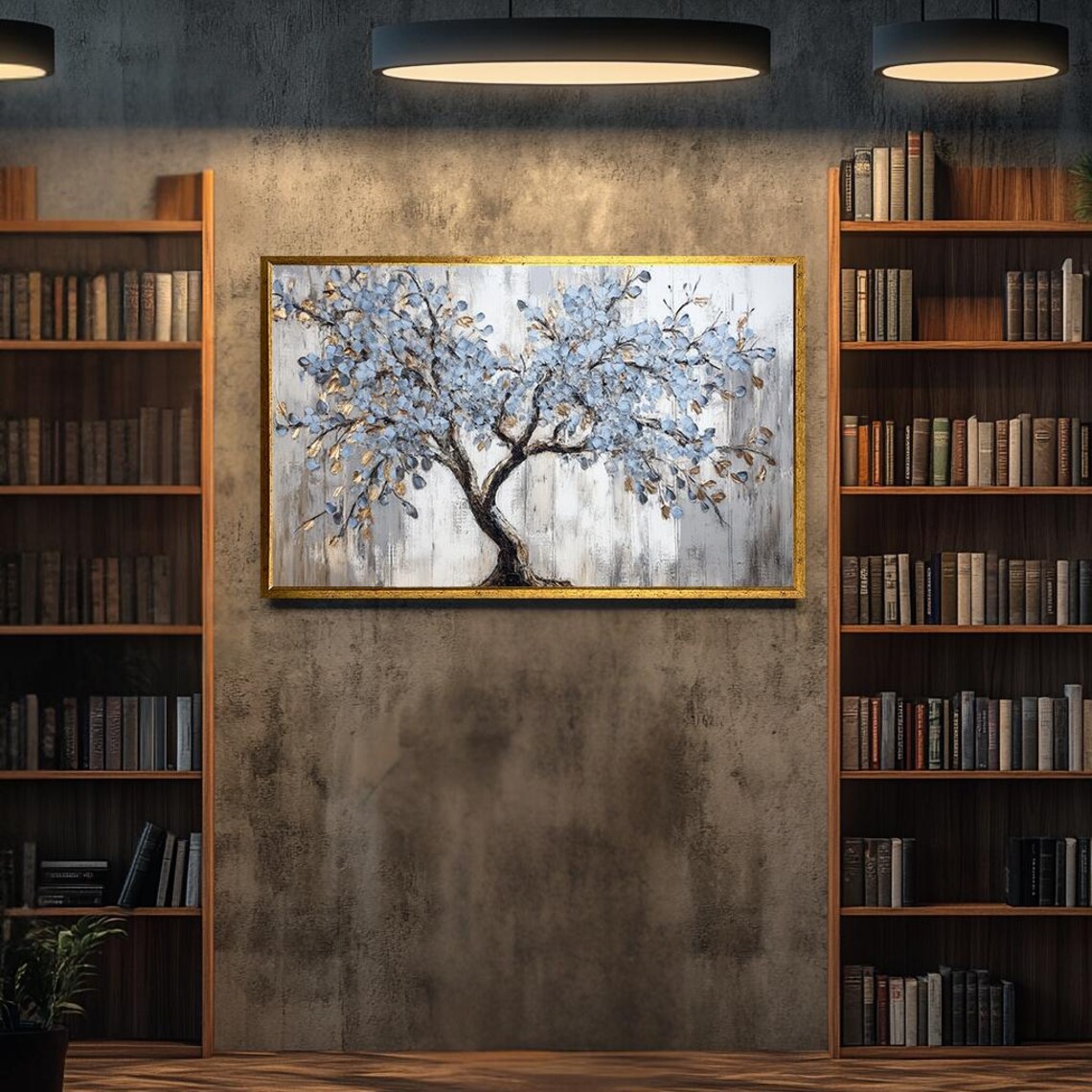 Textured Blue And Gold Tree Painting Modern Palette Knife Art Abstract Wall Decor Elegant Handcrafted Artwork For Home - Image 3