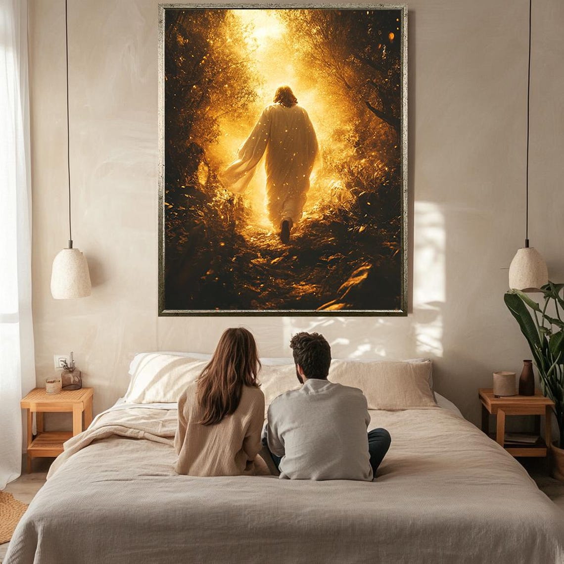 Jesus Walking Toward Golden Radiant Light In Dark Forest Path Poster - Image 2