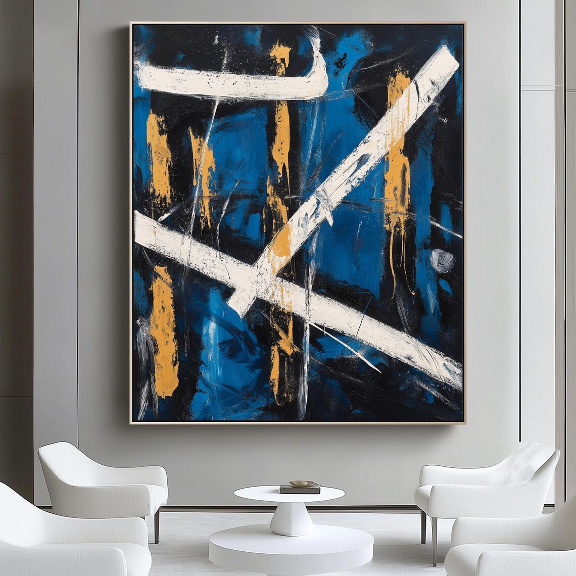 Abstract Geometric Art, Bold Blue White And Orange - Image 4