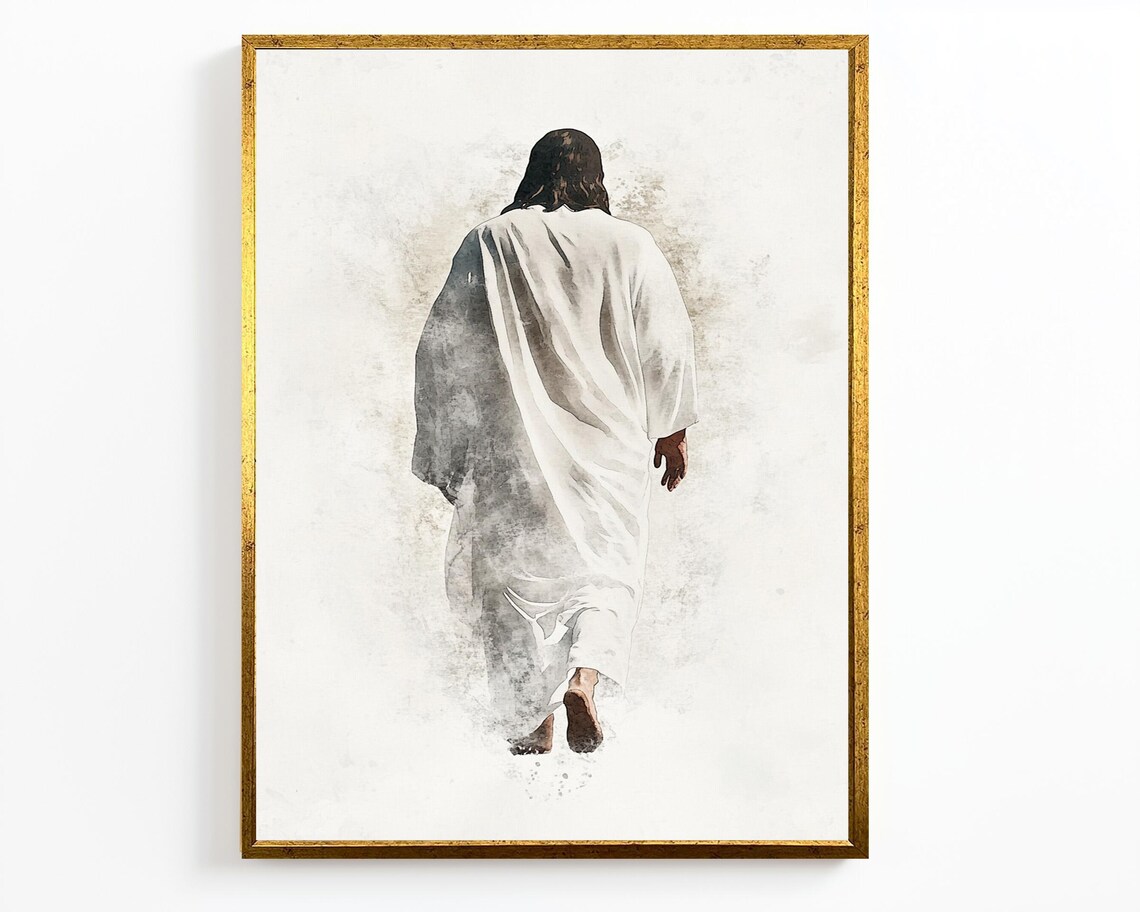 Jesus Walking Away Watercolor White Robe Minimalist White Background Poster - Image 4