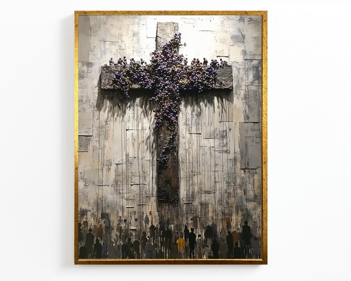 Rustic Floral Cross Purple Blossoms Weathered Wood Christian Art Poster - Image 4