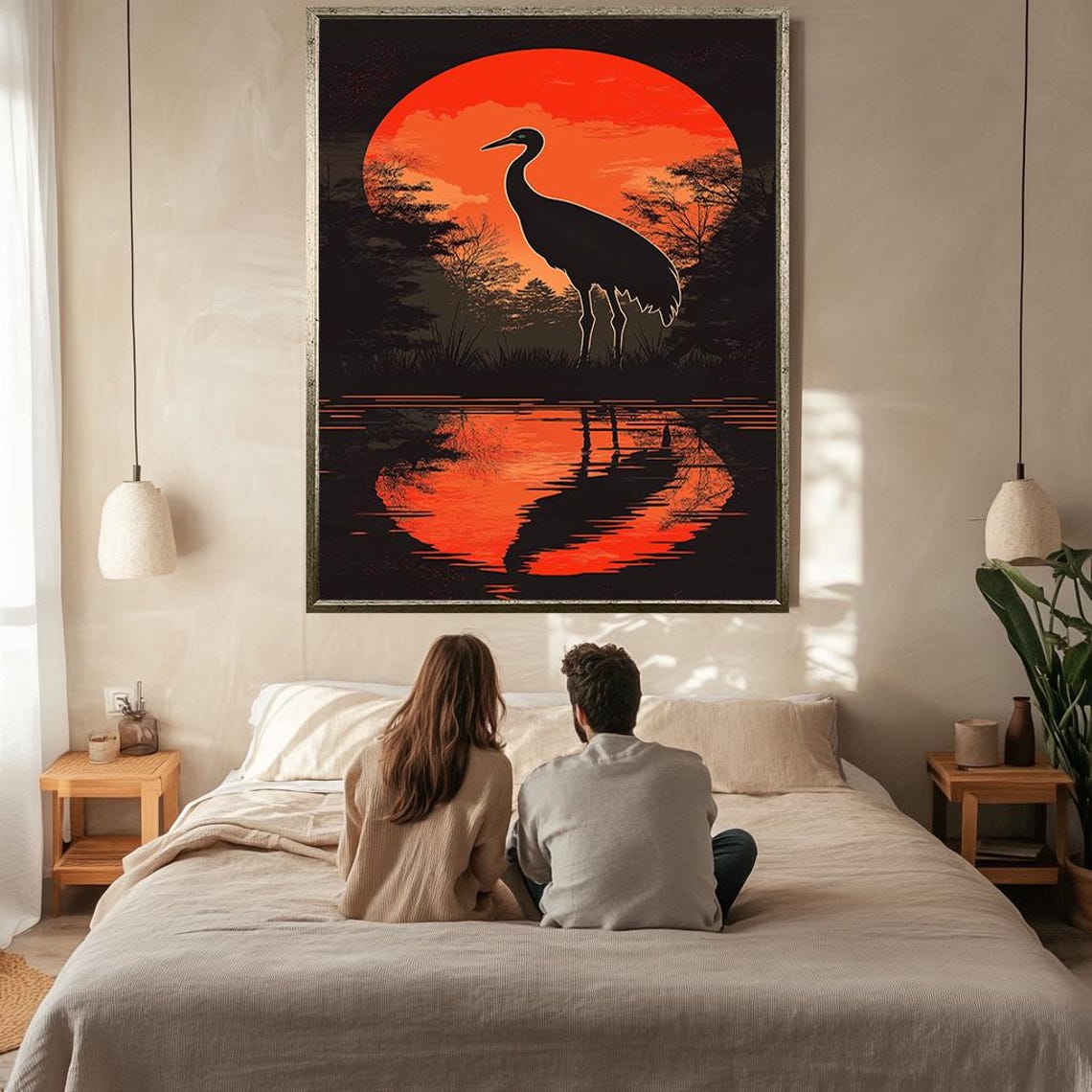 Crane Silhouette Wall Art Bold Sunset Reflection For Nature Lovers - Image 2