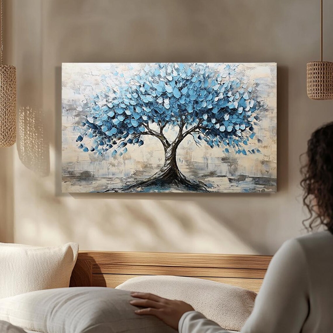Abstract Blue Tree Painting Textured Palette Knife Wall Art Modern Nature Decor Elegant Blue Tree Minimalist Home Artwork - Image 3