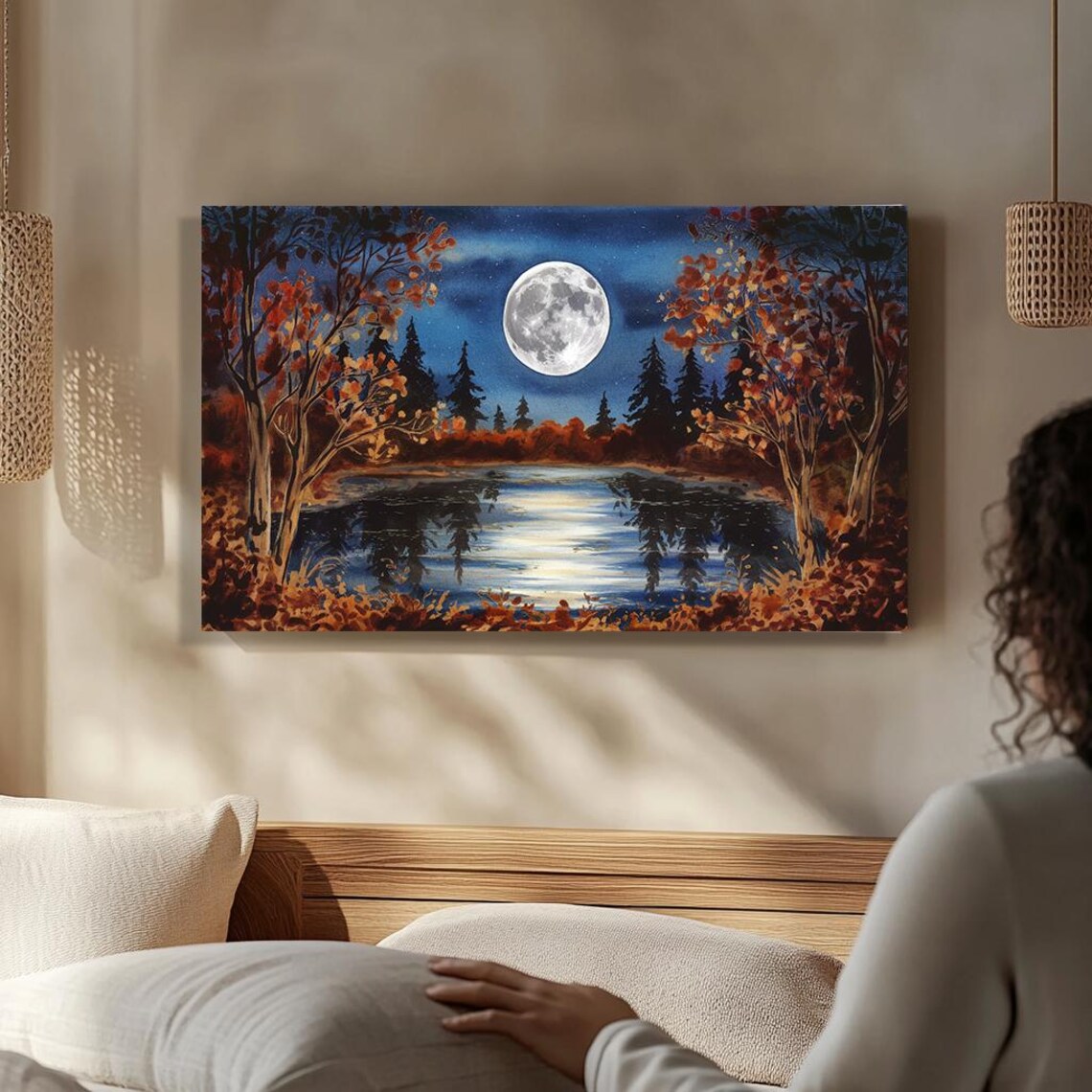 Full Moon Autumn Night Lake Watercolor Forest Landscape Wall Poster - Image 5