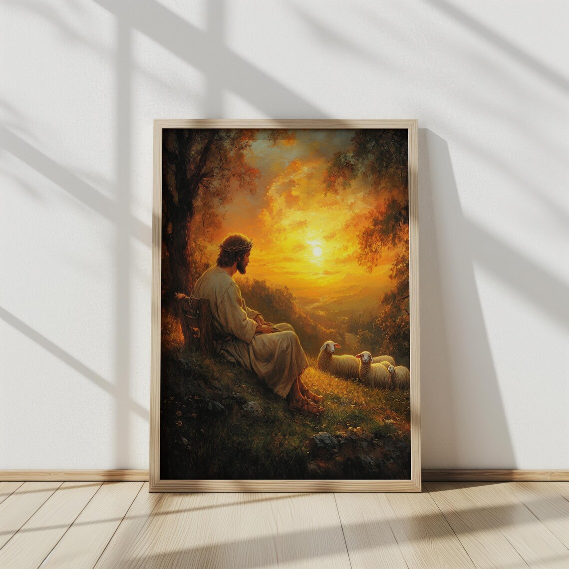 Good Shepherd Jesus Resting With Sheep Golden Sunset Meadow Wall Poster - Image 4
