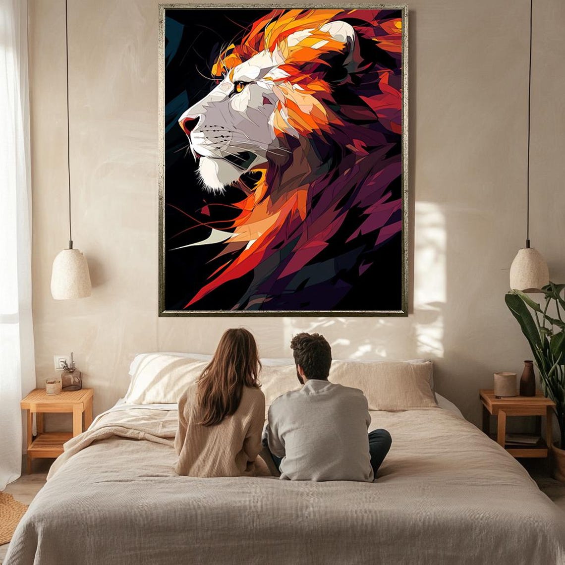 Abstract Lion Profile Vibrant Orange Red Geometric Modern Art Poster - Image 2