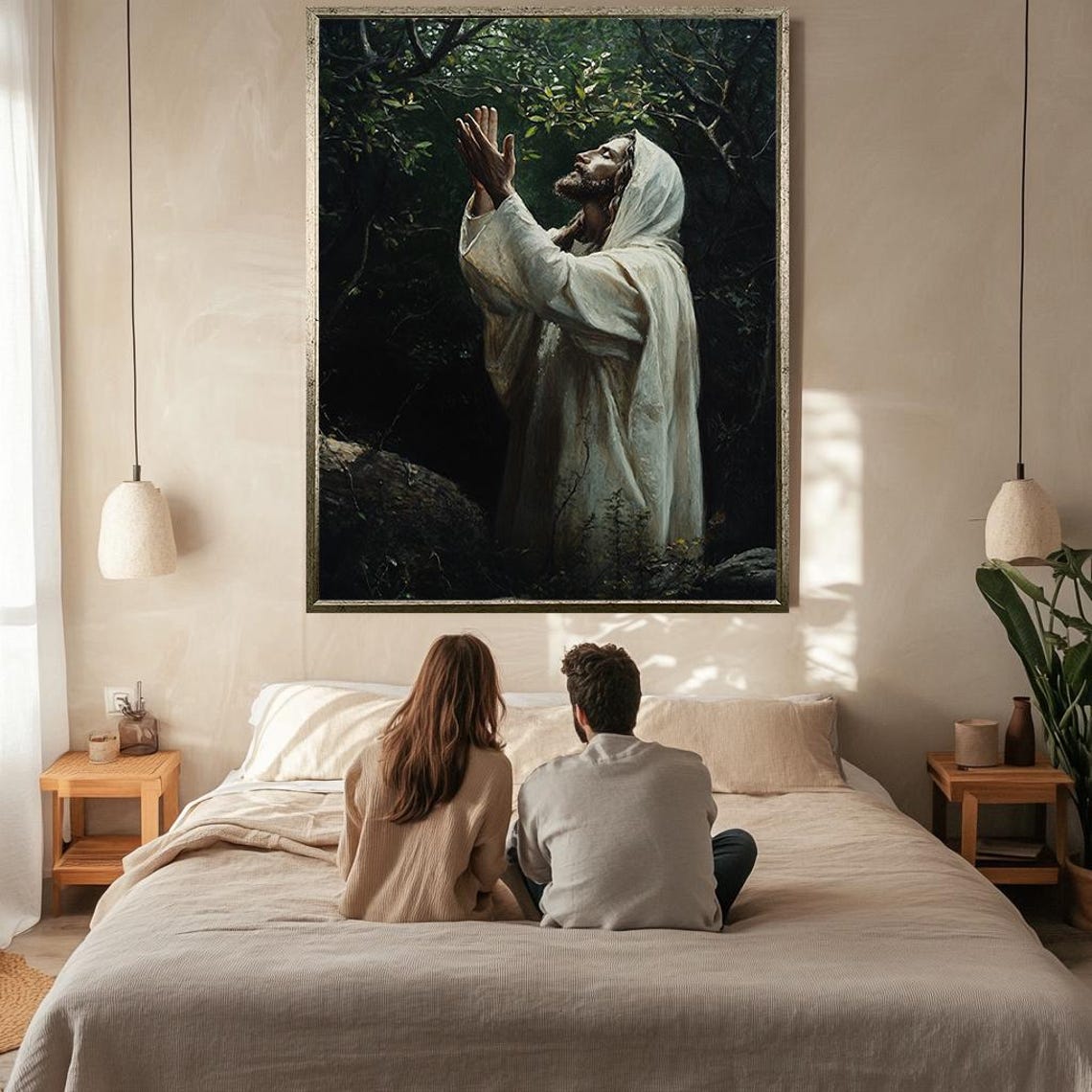 Jesus Praying In Dark Garden Hooded Robe Uplifted Hands Faith Poster - Image 2
