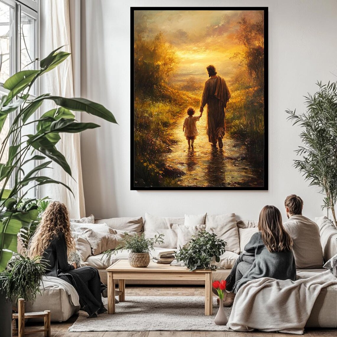 Jesus Walking Hand In Hand With Small Child On Golden Path Poster - Image 3