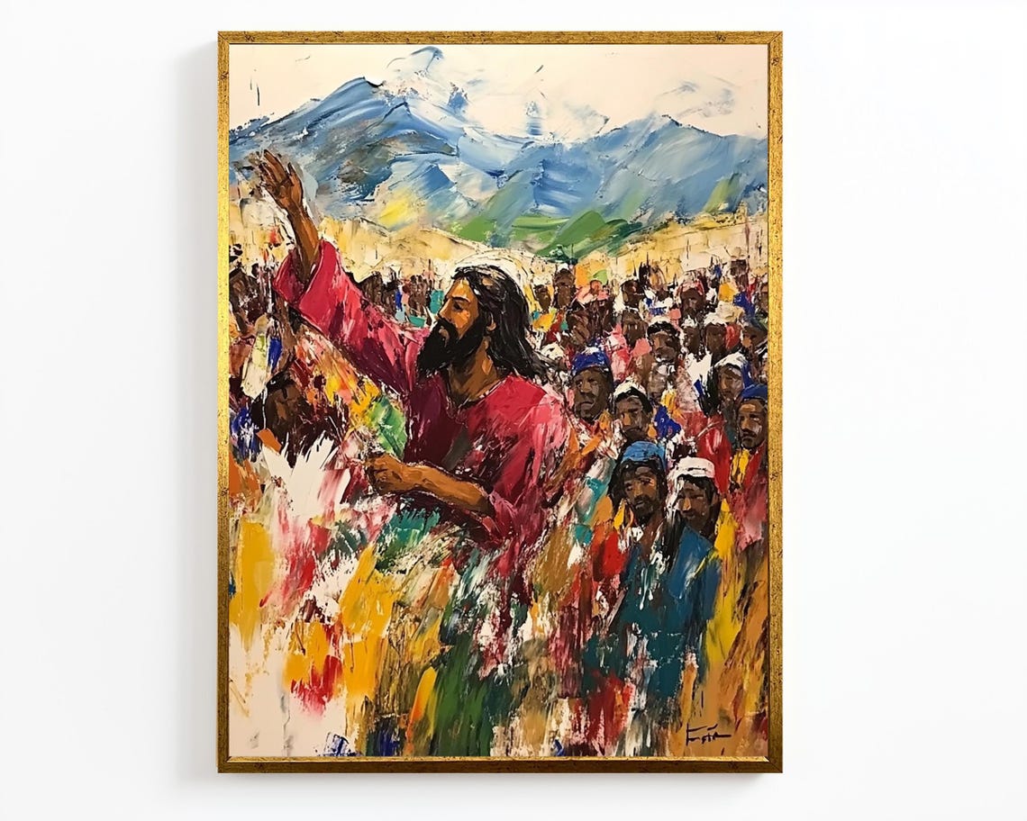 Jesus Preaching To The Crowd Colorful Impasto Mountain Sermon Poster - Image 4