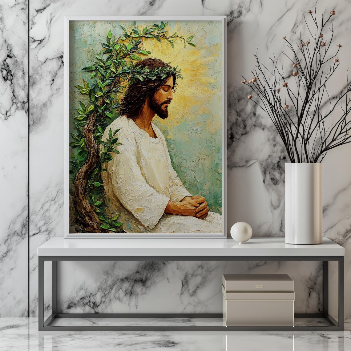 Jesus Praying By Tree Golden Halo Light Peaceful Oil Painting Poster - Image 5