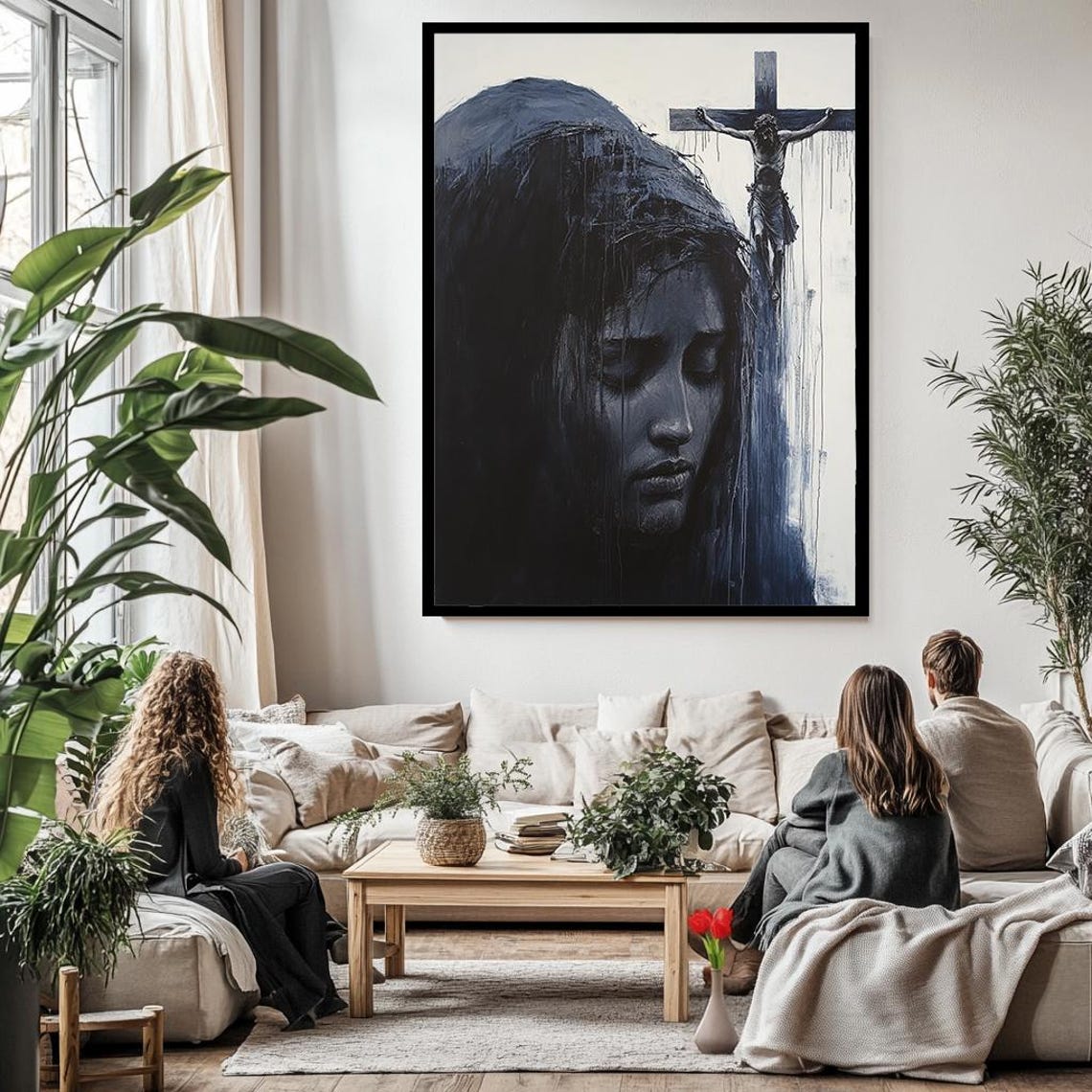Mourning Veiled Woman Crucifixion Cross Dark Devotional Art Poster - Image 3