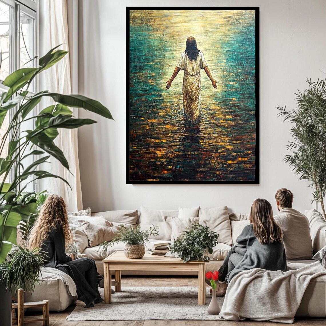 Jesus Walking On Water Teal And Gold Impressionist Lake Scene Poster - Image 3