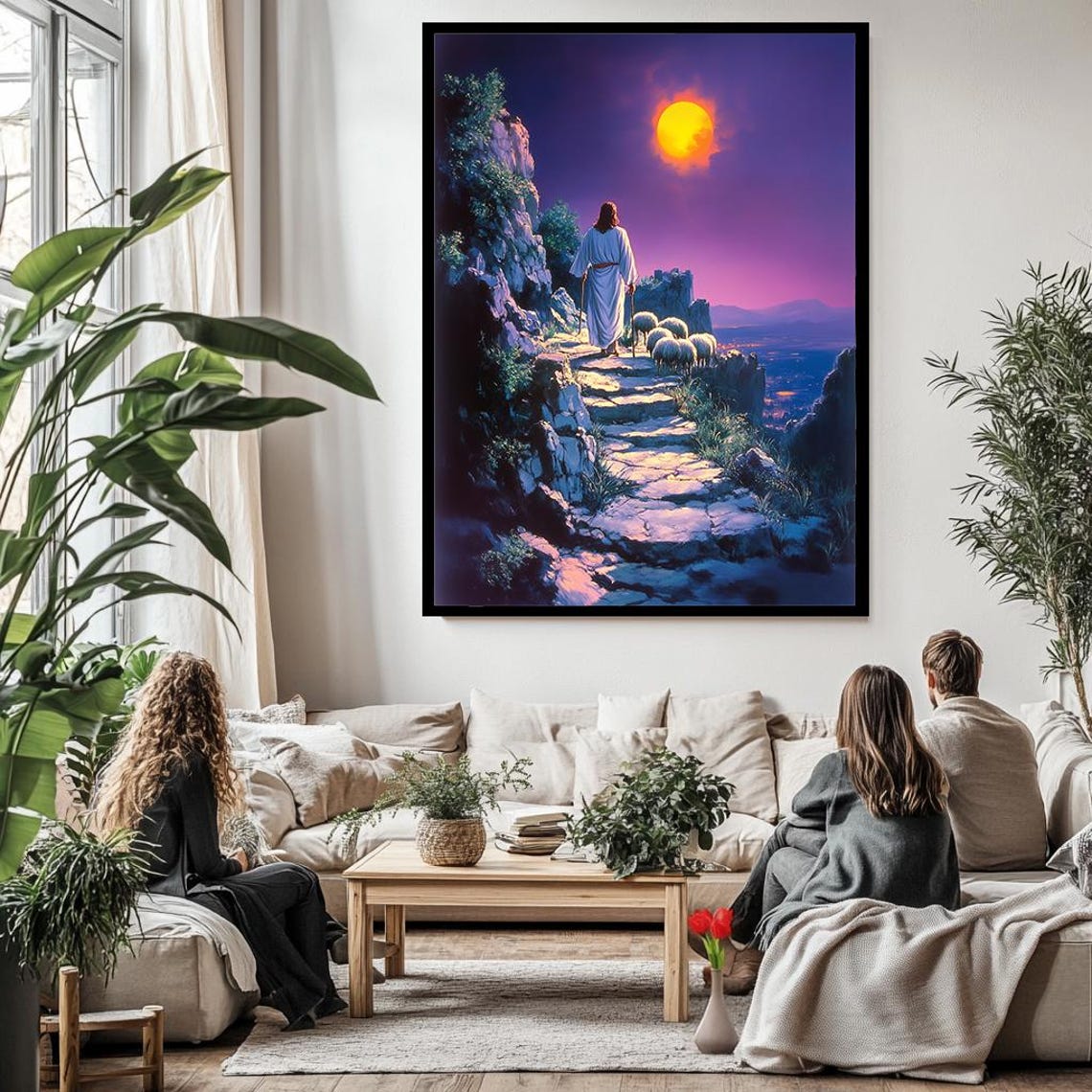 Jesus The Good Shepherd Leading Sheep Mountain Path Sunset Wall Art - Image 3