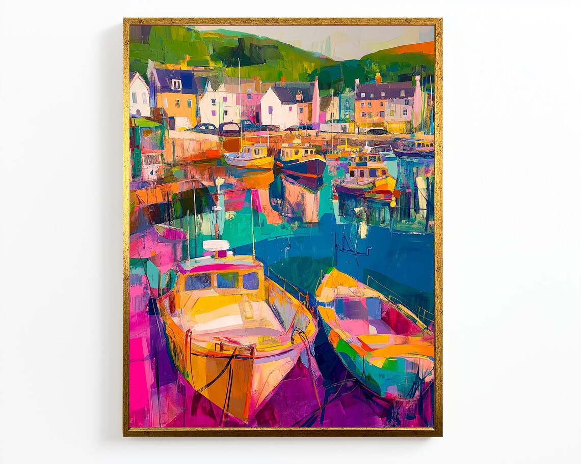 Colorful Harbor Boats Coastal Village Vibrant Nautical Travel Poster - Image 4