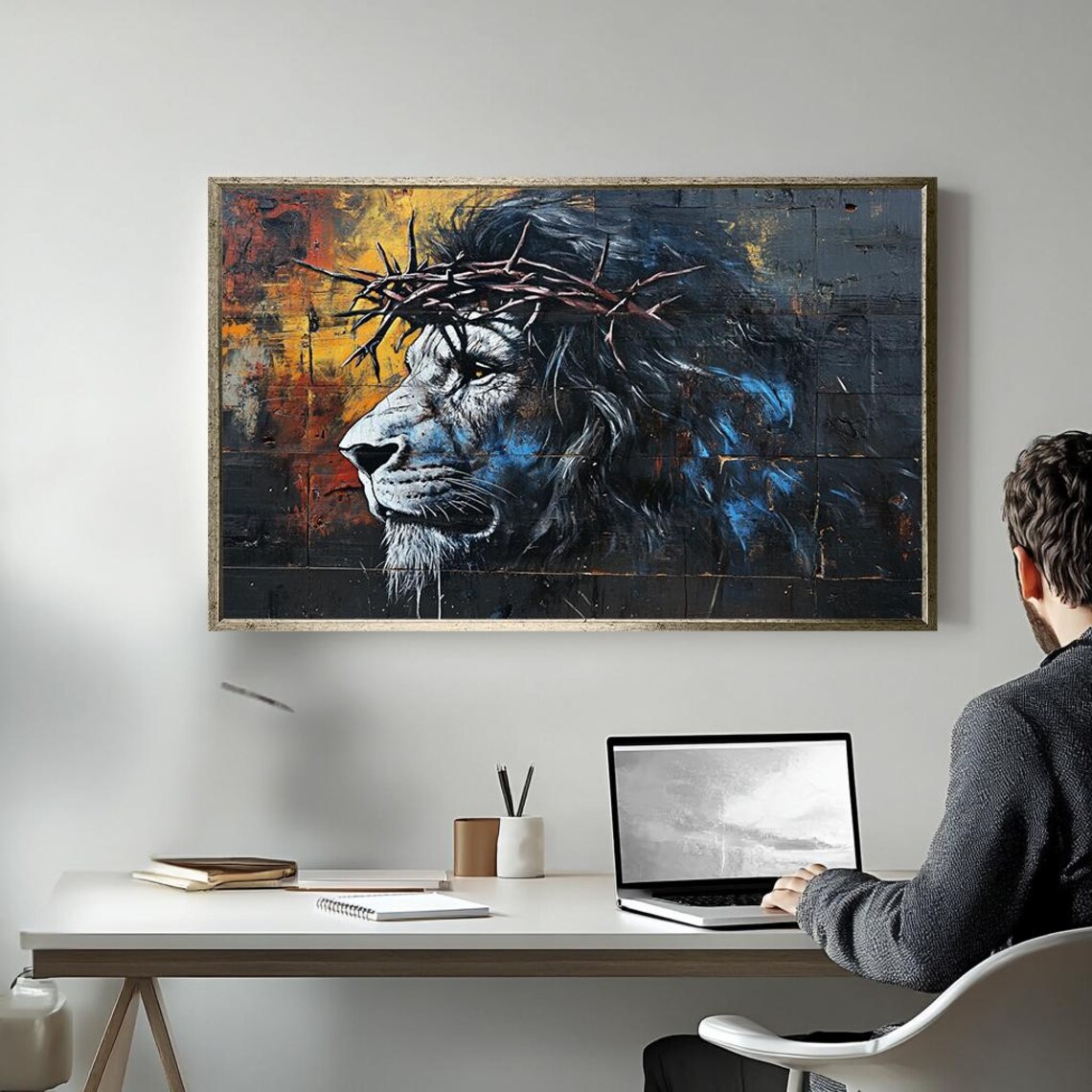 Lion Wall Art Christian Decor Lion With Crown Of Thorns Painting Spiritual Animal Graffiti Mural Religious Street Art Print - Image 5