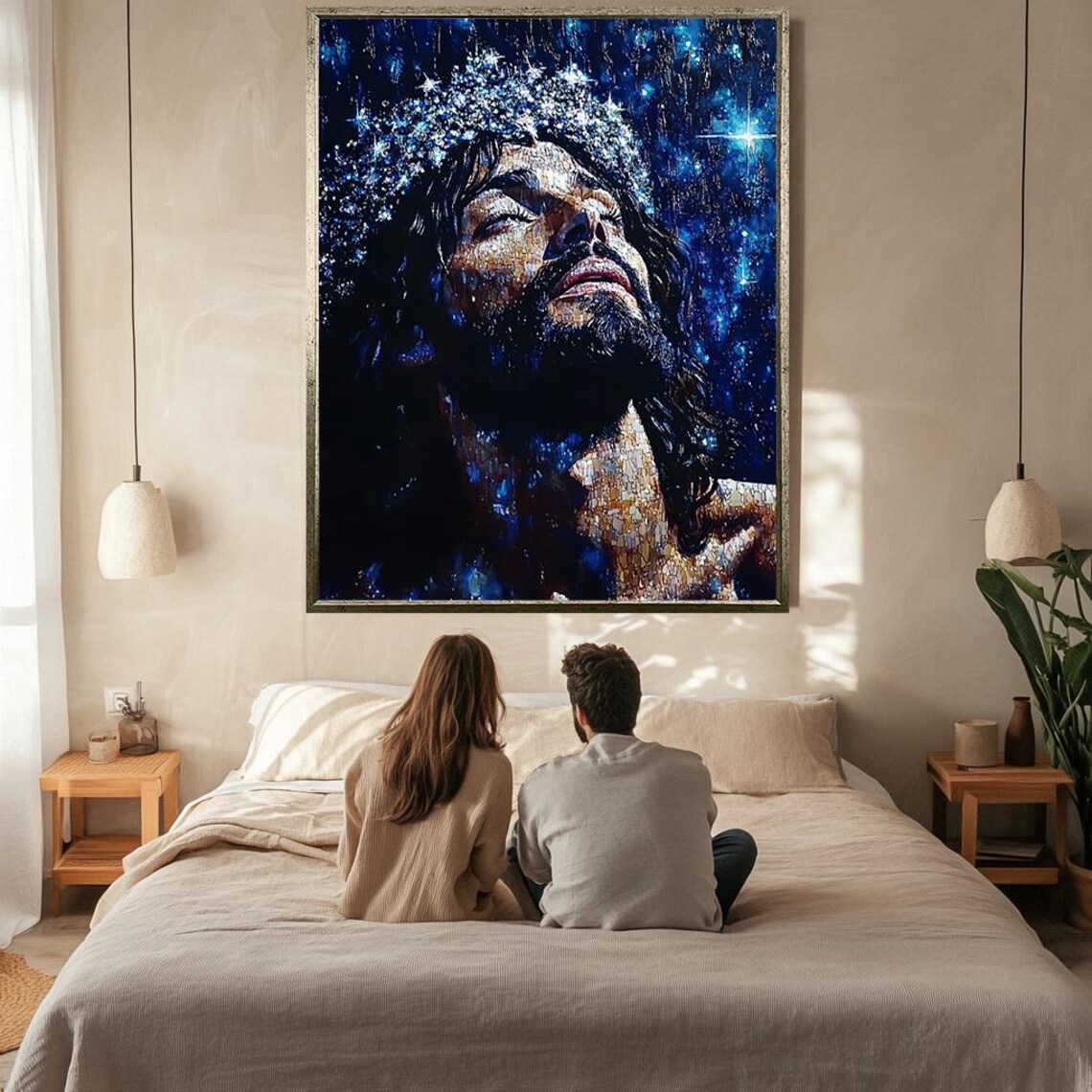 Jesus Christ Portrait Starry Night Sky Mosaic Spiritual Art Wall Poster - Image 2