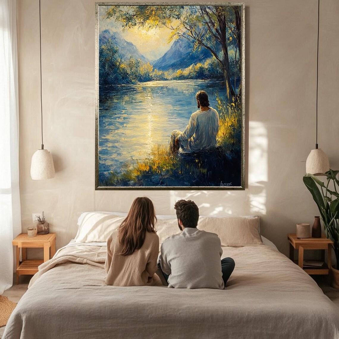Jesus Christ Peaceful Lake Mountain Prayer Meditation Faith Art Poster - Image 2