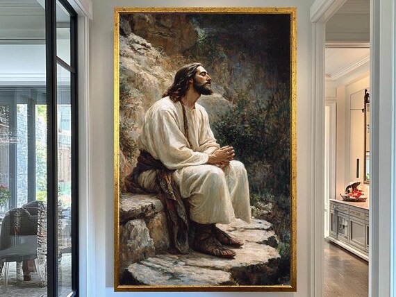 Jesus In Quiet Contemplation Seated On Rocks Peaceful Prayer Art Poster