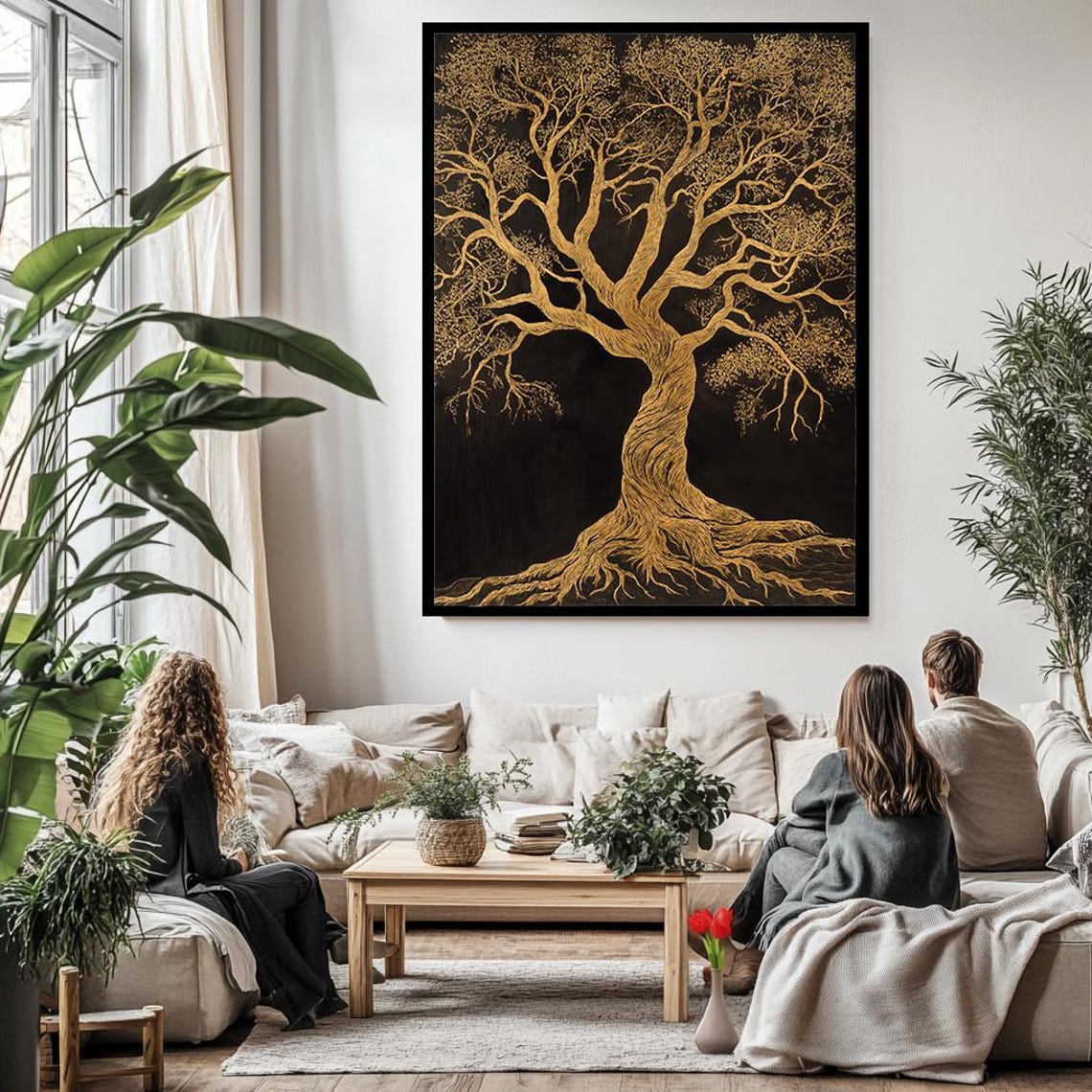 Golden Tree of Life Black Background Elegant Nature Art Wall Poster - Image 3