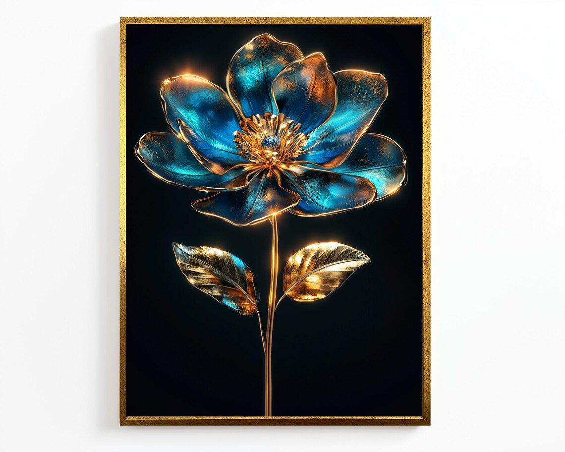 Luxury Metallic Blue And Gold Flower Wall Art Elegant 3d Floral Artwork For Modern Home Decor Large Gold Framed Botanical - Image 4