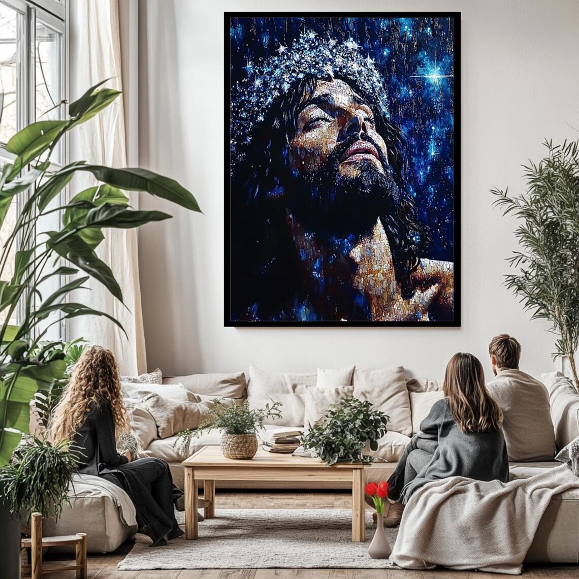 Jesus Christ Portrait Starry Night Sky Mosaic Spiritual Art Wall Poster - Image 3