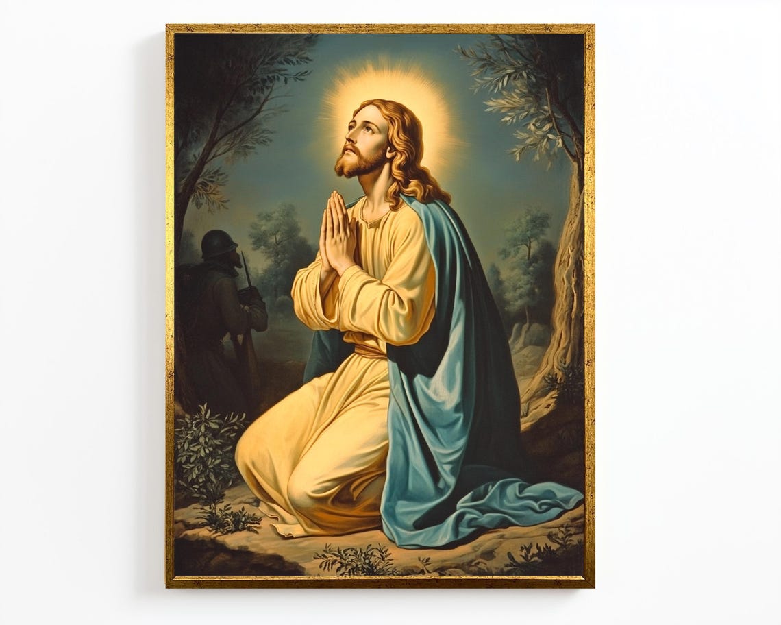 Jesus Christ Praying Gethsemane Halo Kneeling Devotion Art Wall Poster - Image 4