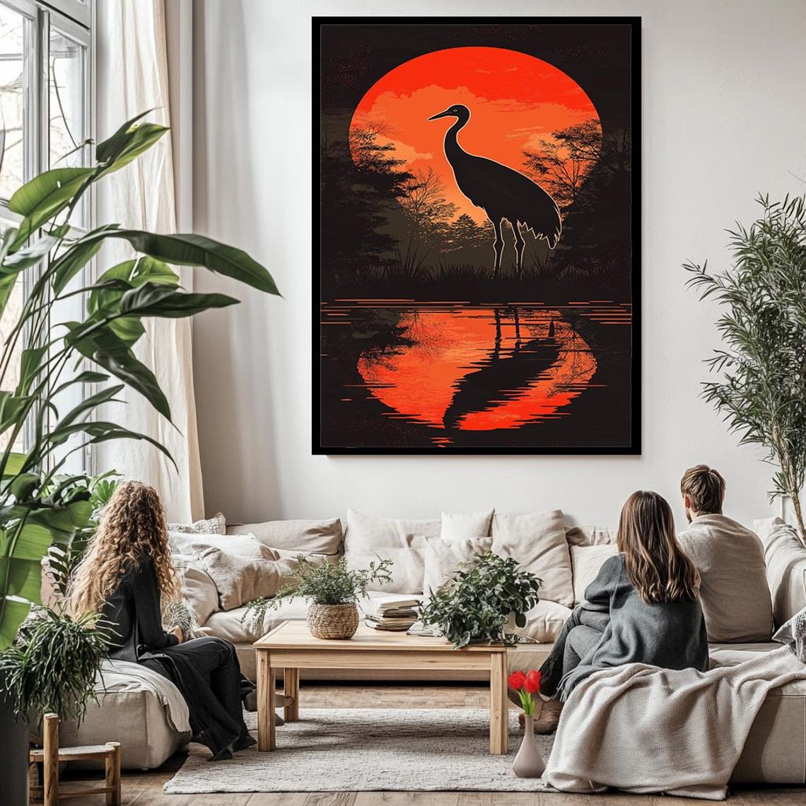 Crane Silhouette Wall Art Bold Sunset Reflection For Nature Lovers - Image 3