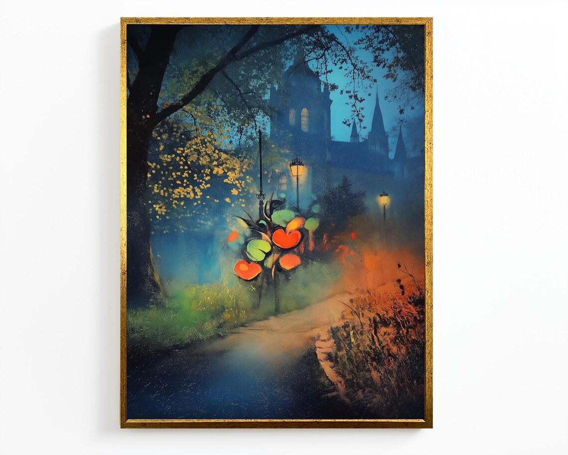 Misty Night Church Street Lamplight Romantic Blue Painting Poster - Image 4