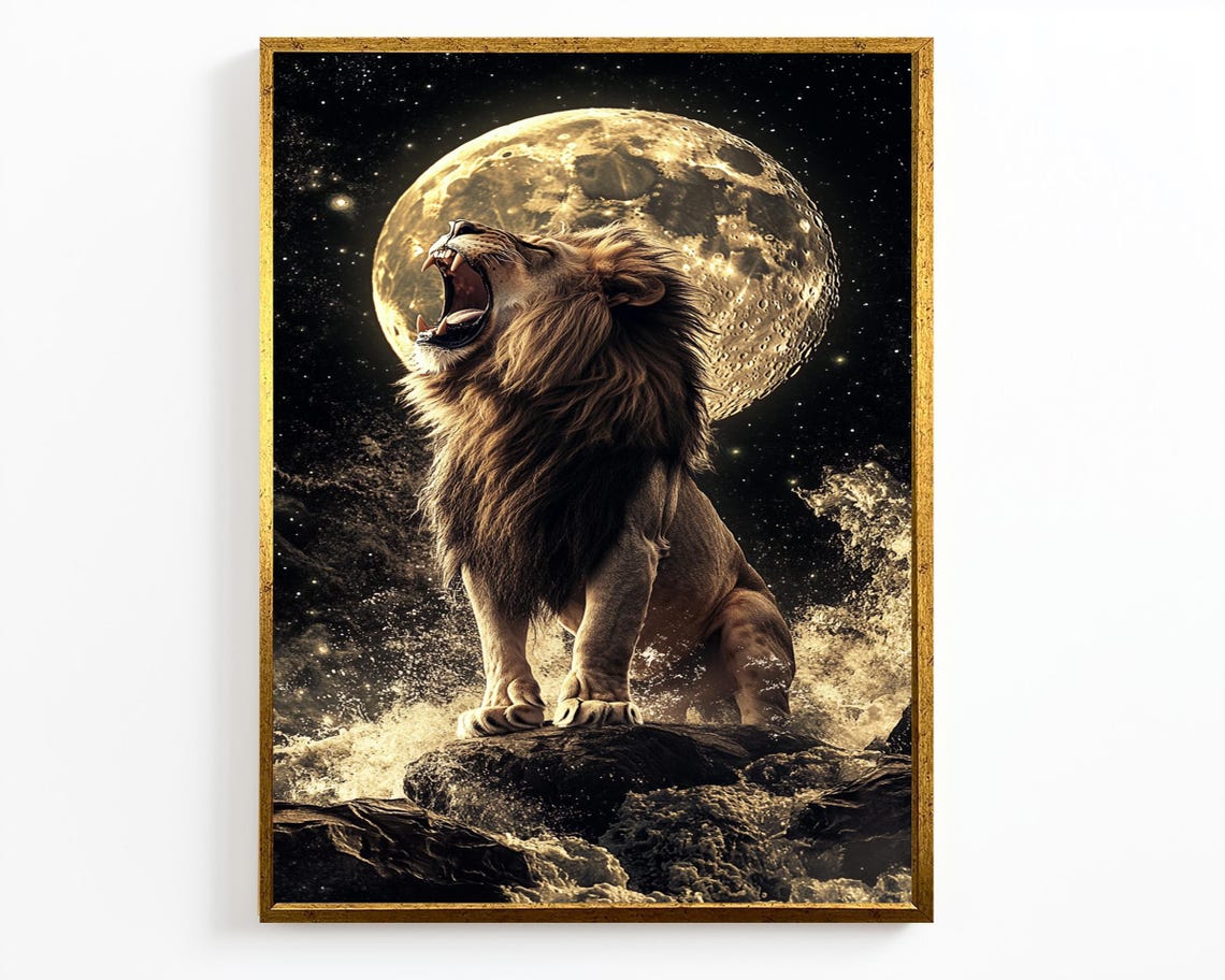 Majestic Roaring Lion Before Giant Full Moon Starry Night Wall Art - Image 4