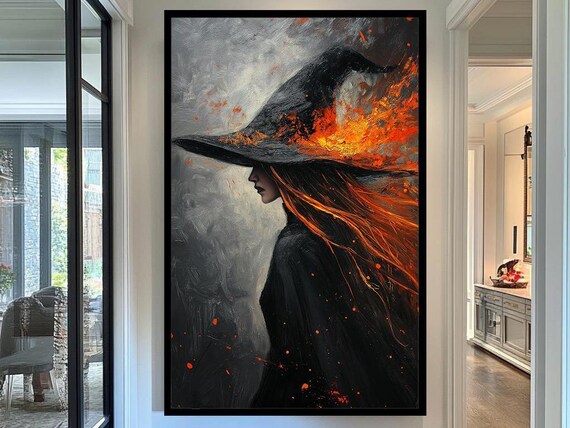 Witch Art Enchanting Abstract Portrait Painting Fiery Black Hat And Orange Flames Artwork Mystical Wall Decor For Home
