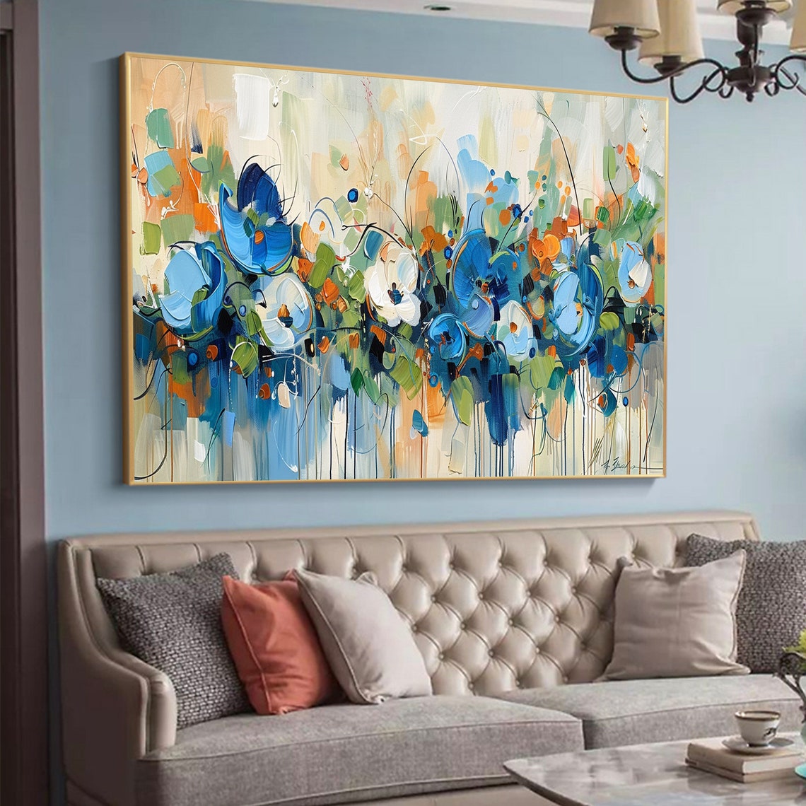 Blue Floral Blooms Orange Accents Loose Abstract Painting Poster - Image 7