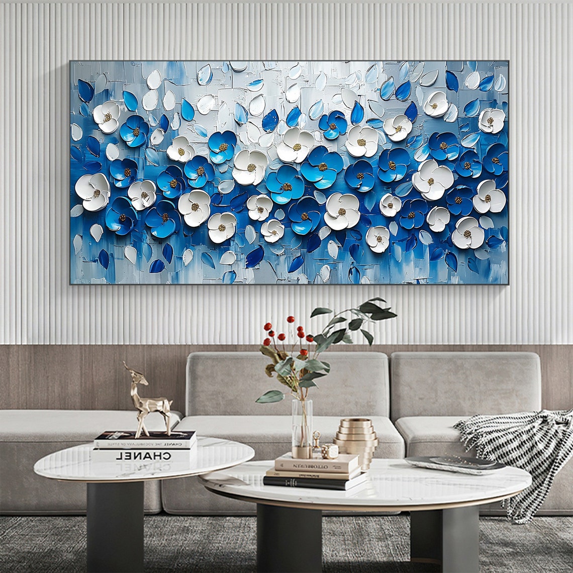 Blue and White Floral Impasto Blossom Living Room Art Poster - Image 4