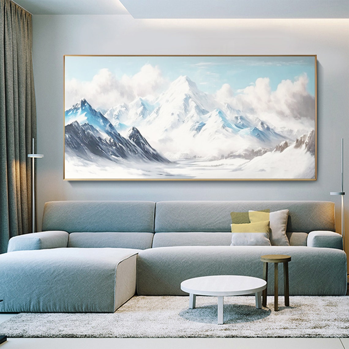 Snow Capped Alpine Mountain Peaks Under Soft Blue Clouds Poster - Image 3