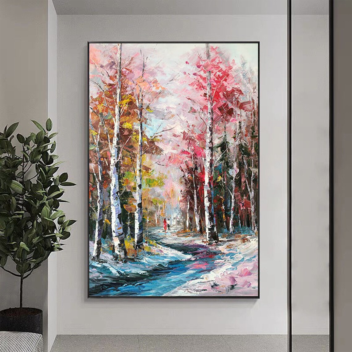 Pink Birch Forest Stream Vertical Autumn Landscape Painting Poster - Image 7